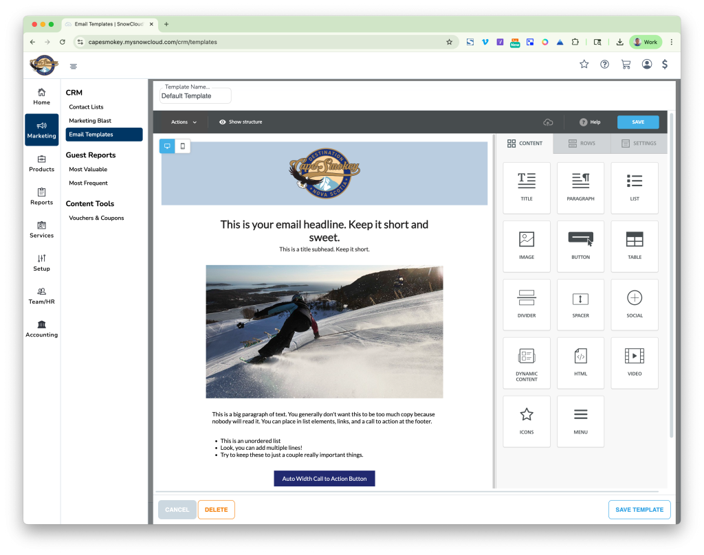 The SnowCloud CRM email template designer.